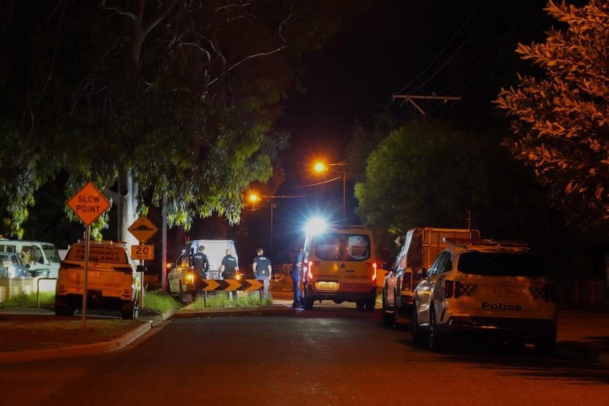 Police and ambulances attend a scene at night at the end of a dead end street 
