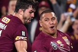Josh Papalii and Aidan Guerra celebrate a try for the Queensland Maroons during State of Origin Game III