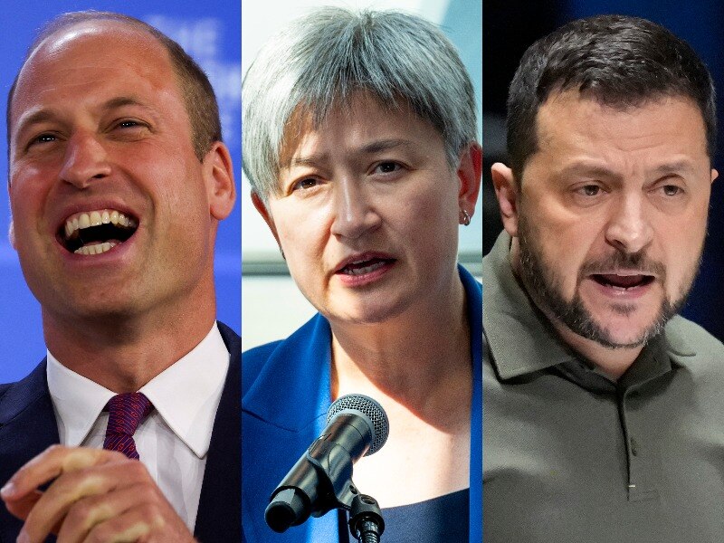 Headshots of Prince William, PennyWong and Volodomyr Zelenskyy