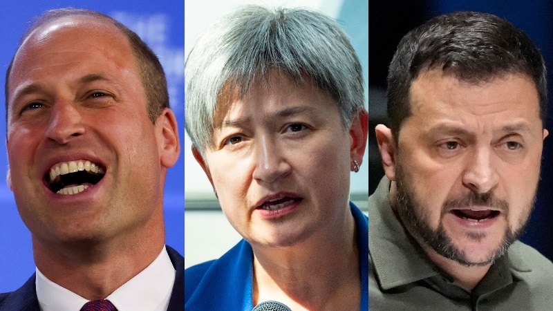 Headshots of Prince William, PennyWong and Volodomyr Zelenskyy
