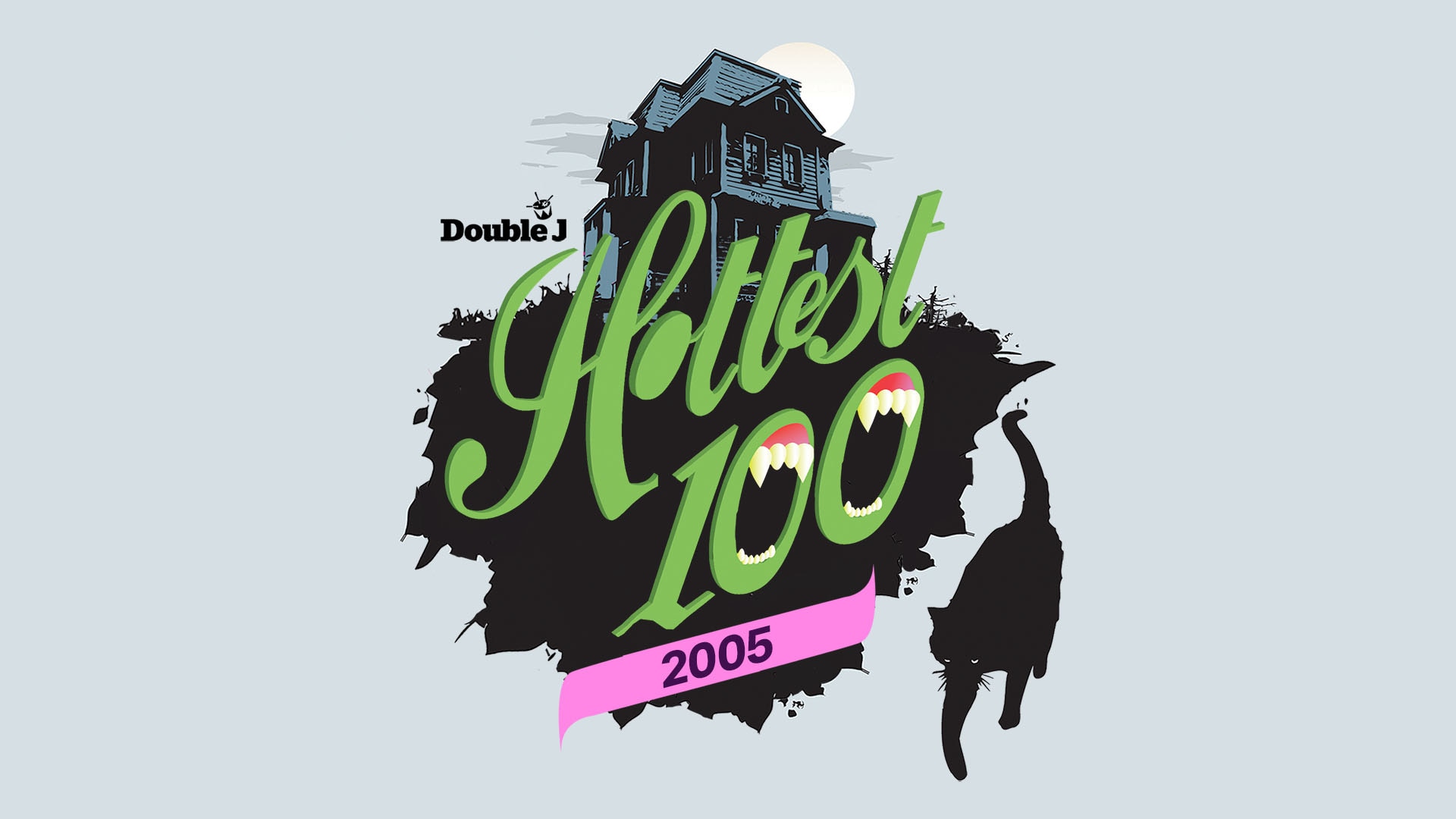 A drawing of a haunted house and a black cat with green cursive writing saying hottest 100