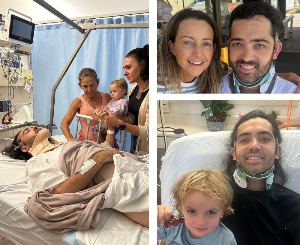 Three pictures showing him with family as he recovers