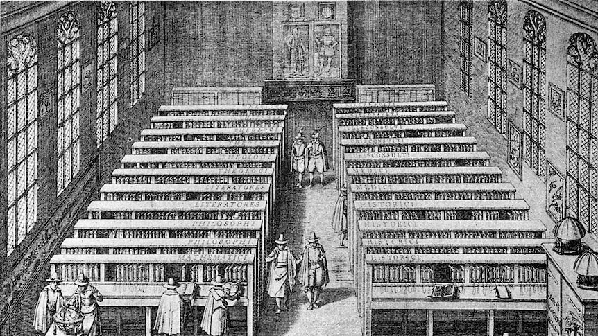 An engraving of a 1610 painting called The University Library at Leiden