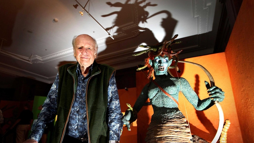 Ray Harryhausen with a model of Medusa.