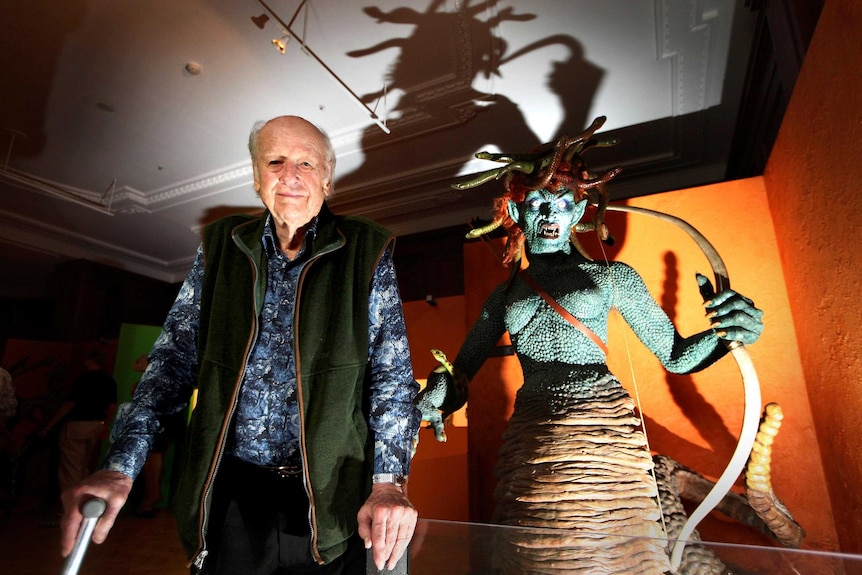 Ray Harryhausen with a model of Medusa.