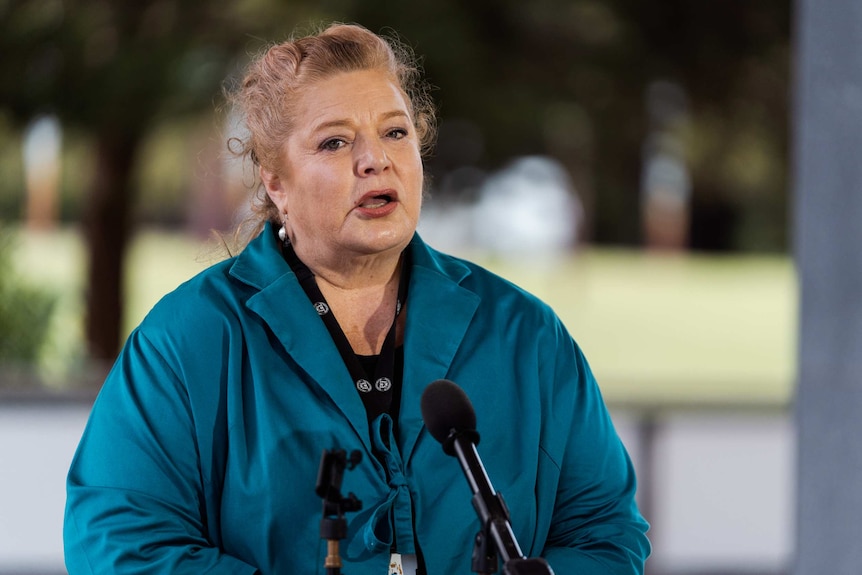 Sue Ellery speaks into a microphone.