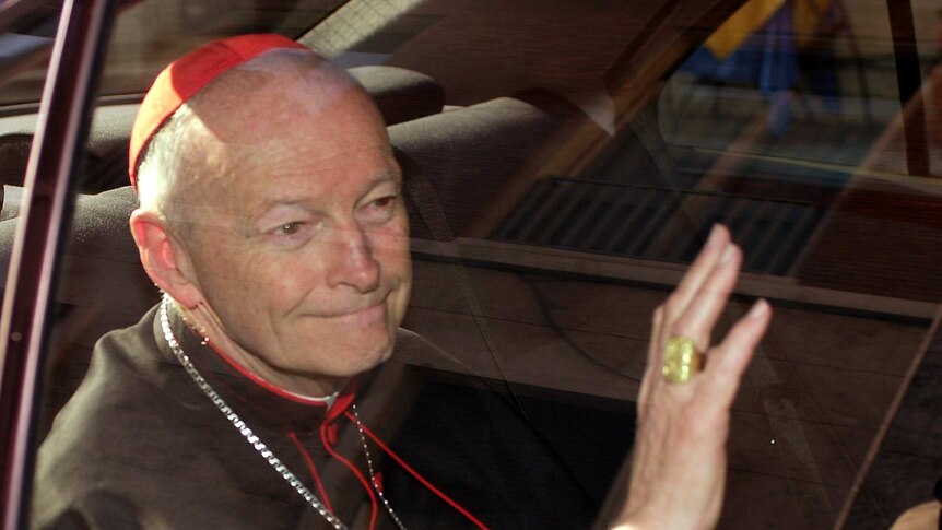 Cardinal Theodore McCarrick of the Archdiocese of Washington, waves as he arrives at the Vatican in a limousine.