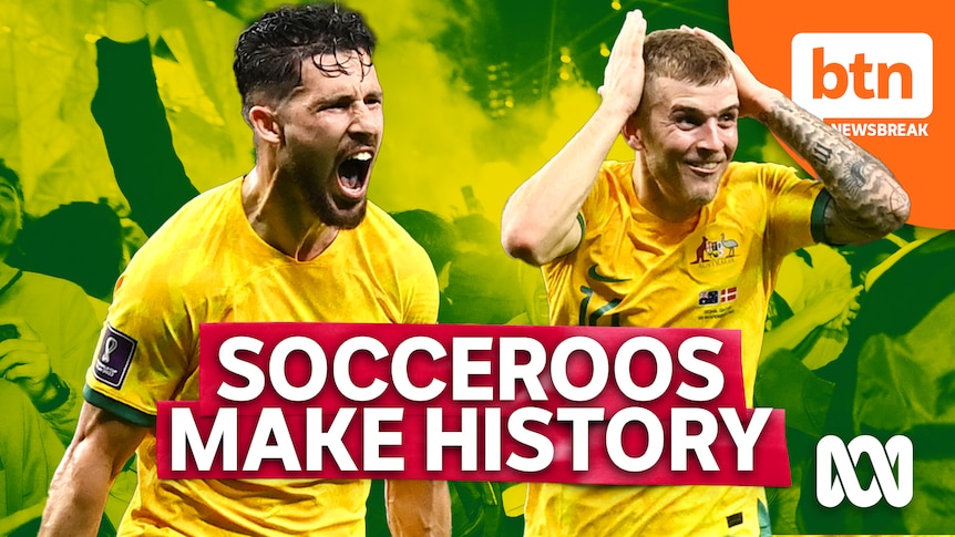 Socceroo players Mathew Leckie and Riley McGree express ecstatic energy during a match.