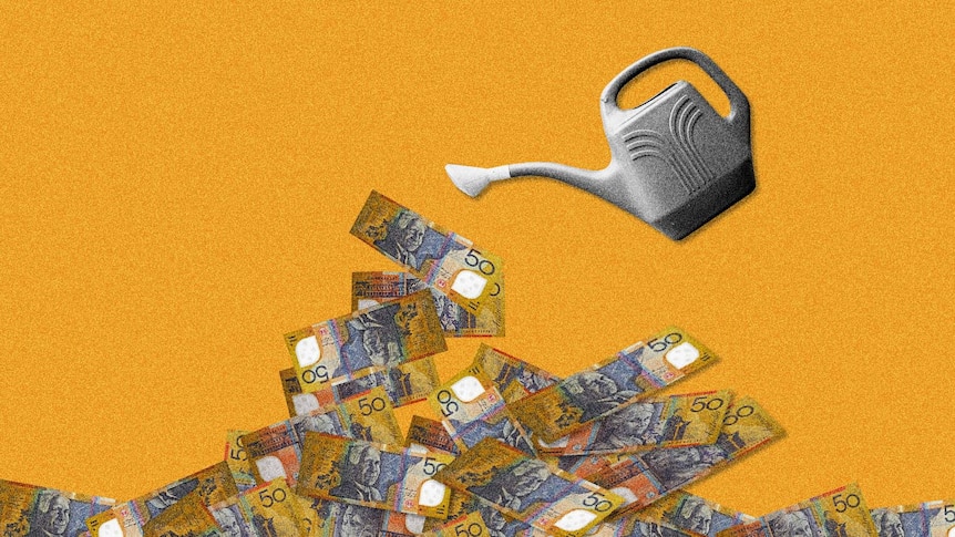 Yellow background with a cut out watering can and a pile of fifty dollar notes pouring out of can..