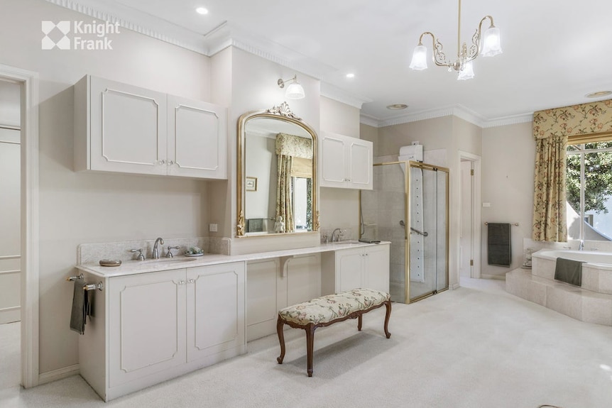 Une vue de la salle de bain montre une longue vanité, avec une douche dans le coin et une baignoire balnéo en face.