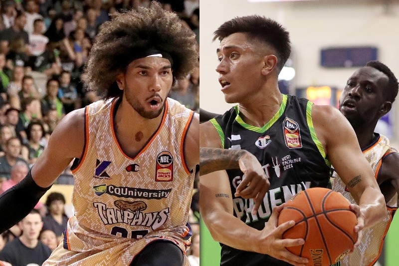 Composite pic of two NBL players, the one on the left playing without a rainbow logo on his jersey, the other one with it on. 