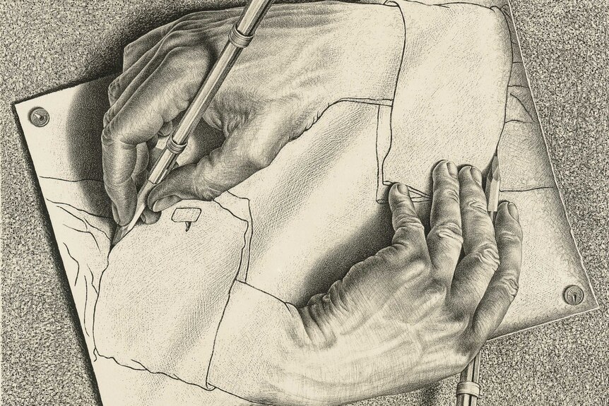 A black and white lithograph that shows, through manipulated perspective, two hands that appear to be drawing each other.