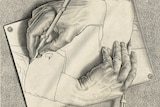 A black and white lithograph that shows, through manipulated perspective, two hands that appear to be drawing each other.