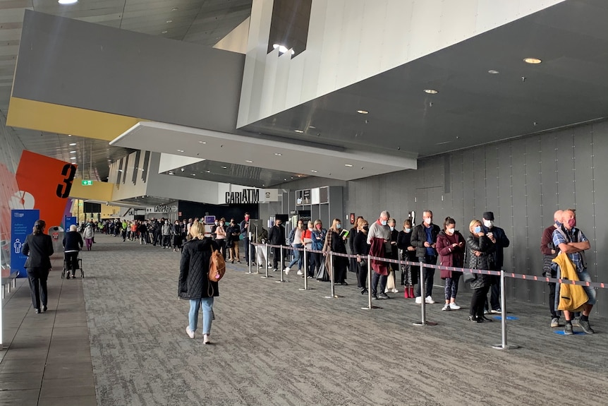 People lined up at the Convention Centre.