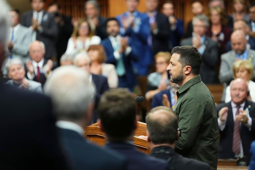 .Ukrainian President Volodymyr Zelenskyy delivers a speech in the House of Commons in Ottawa