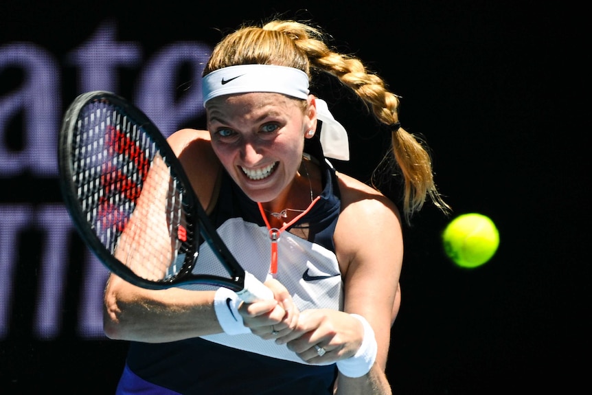 Petra Kvitová plays a double-handed backhand at the Australian Open