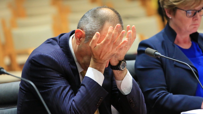 Mike Pezzullo holds his head in his hands during a senate estimates hearing