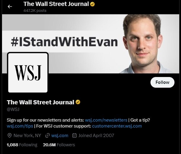 A screenshot of the Wall Street Journal's profile on X, with its #IStandWithEvan campaign featured prominently