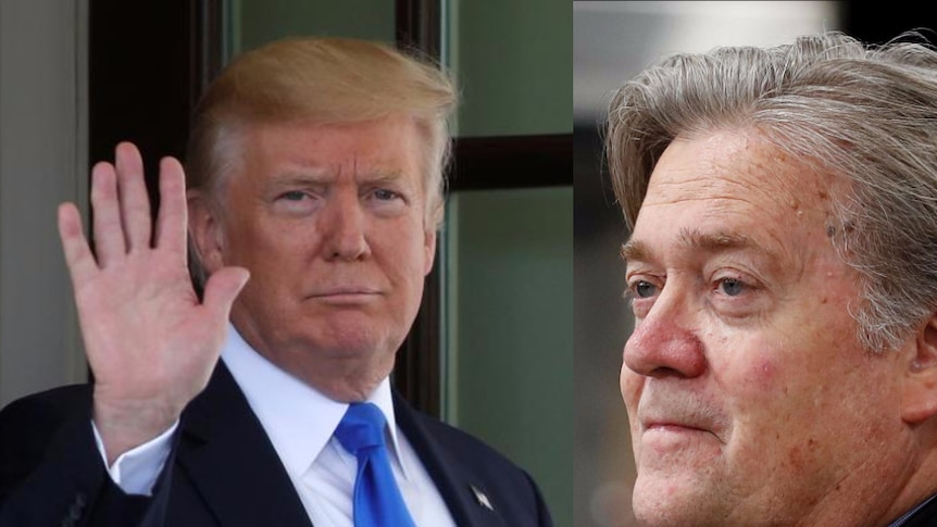 President Donald Trump waving and former chief strategist Steve Bannon.