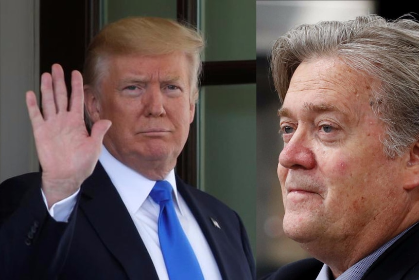President Donald Trump waving and former chief strategist Steve Bannon.