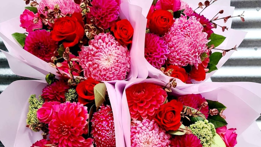 A woman hidden from view holds four bunches of flowers wrapped in pink
