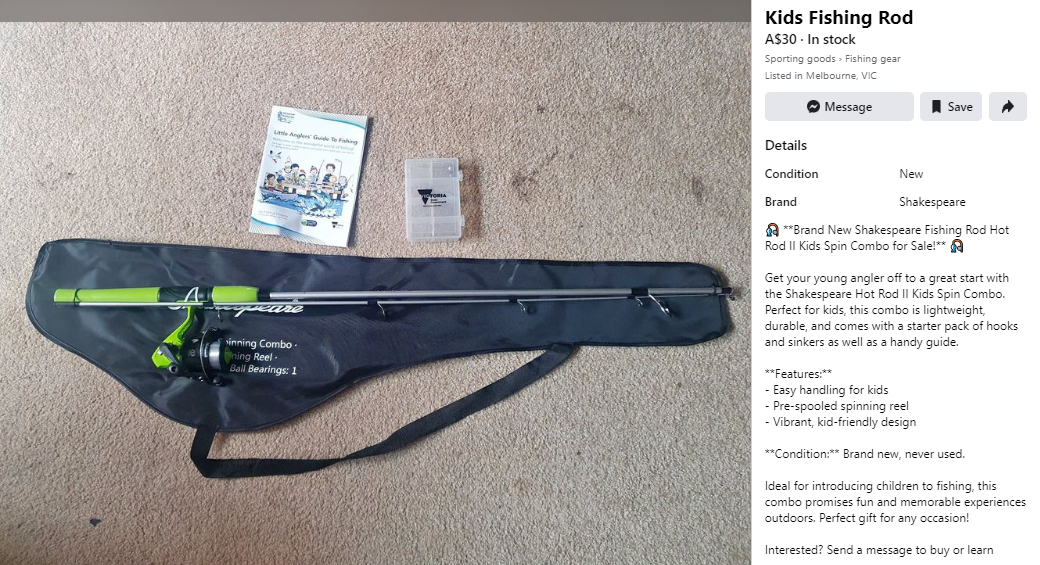 a screenshot of a Facebook marketplace listing with a picture of a fishing rod listed for $30