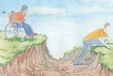 A drawing of a person in a wheel-chair who is unable to cross a valley, while an abled person climbs across.