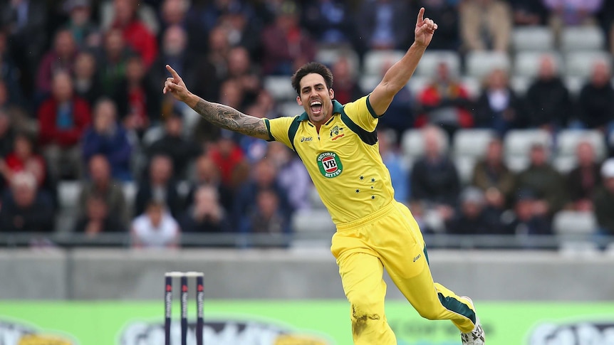 Mitchell Johnson celebrates a wicket in the third ODI against England