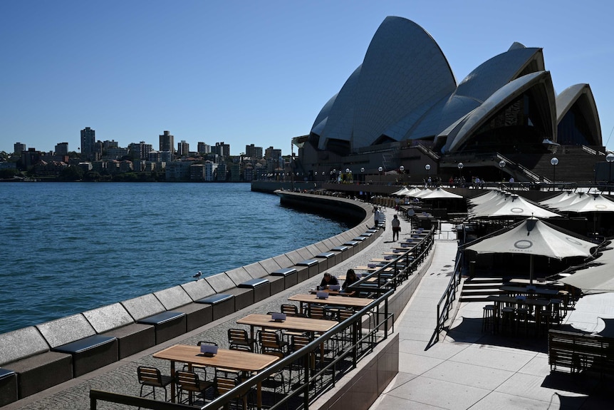 Empty tables in front of the Sydney Opera House.