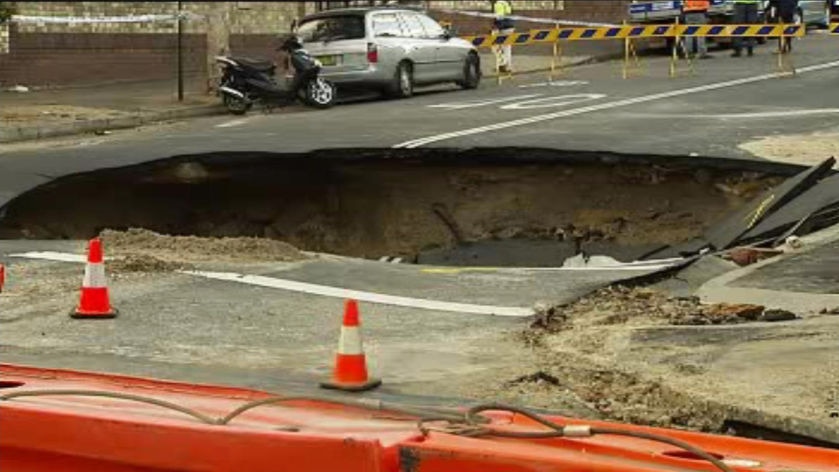 Crater caused by a burst water main in Sydney