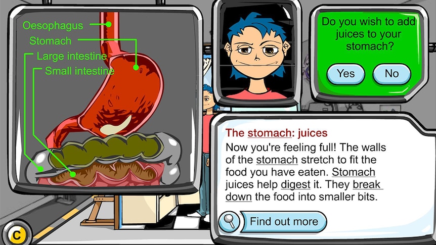 In Digestion game screenshot, cartoon human internal organs, text reads 'Oesophagus, Stomach, Large Intestine, Small Intesting"