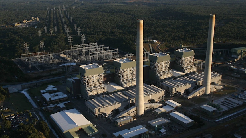 An aerial photo of a coal power plant surrounded by Australian bush.