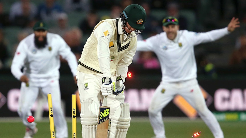 Australia's Nic Maddinson is clean bowled by South Africa's Kagiso Rabada in Adelaide