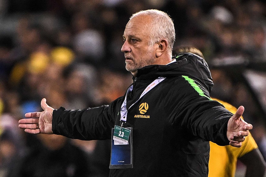 A side-on mid shot of Socceroos manager Graham Arnold on the sideline at night wearing a black jacket with arms outstretched.