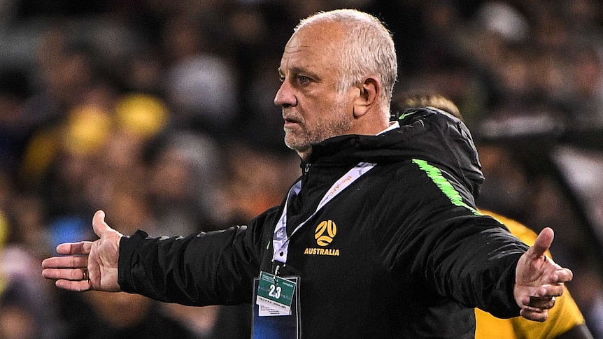A side-on mid shot of Socceroos manager Graham Arnold on the sideline at night wearing a black jacket with arms outstretched.