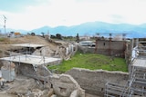 A view of the large excavation works at Pompeii, showing walls, green grass and scaffolding