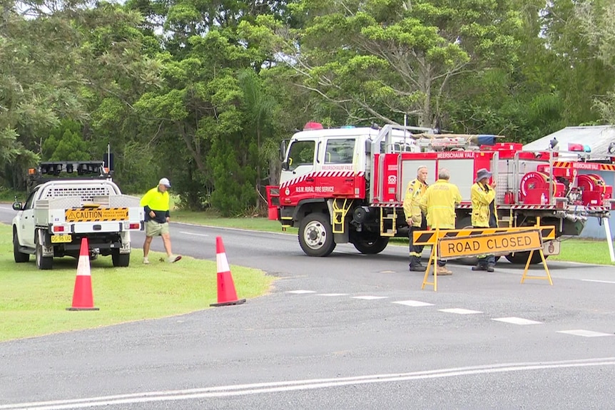 A fire engine and truck with men in high vis gear on a road next to the bush