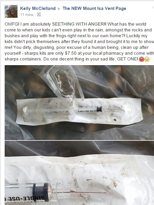 Mount Isa mother Kelly McClelland Facebook post about her sons finding a used syringe while playing in Mount Isa