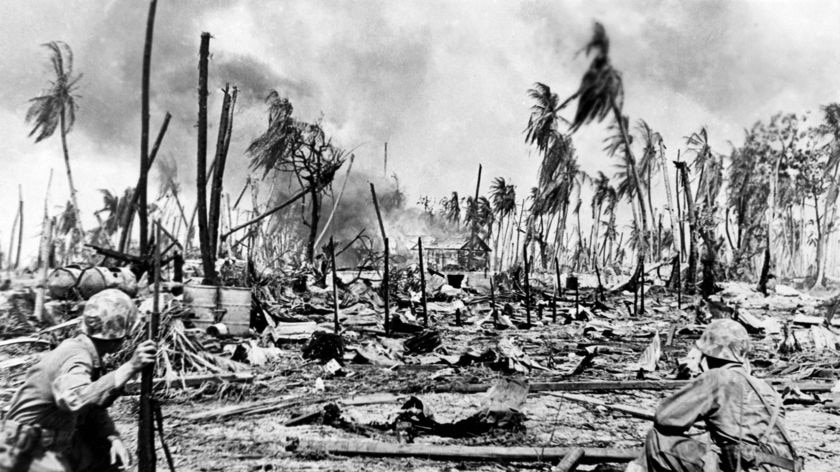 Members of the US Marine Corps take part in the battle for Kwajalein Atoll