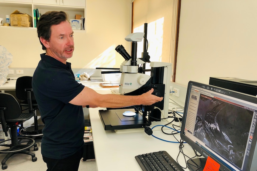 A man stands in front of a microscope.