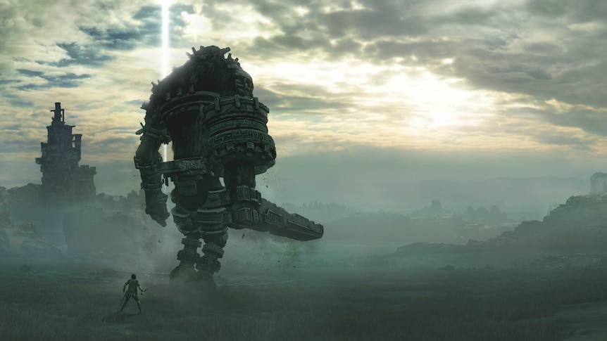 Artwork from Shadow of the Colossus: A gargantuan creature with a rock sword, towering over a human, in a desolate land.