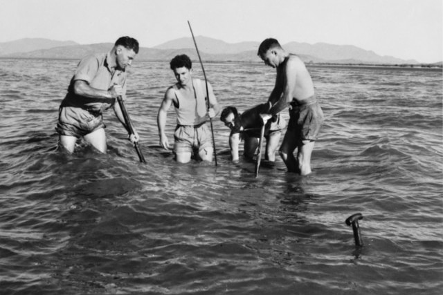 A black and white photograph of four men in water, with sticks, island in background. 