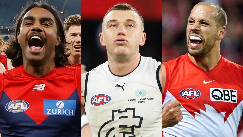 A composite image of Kysaiah Pickett, Patrick Cripps and Lance Franklin.