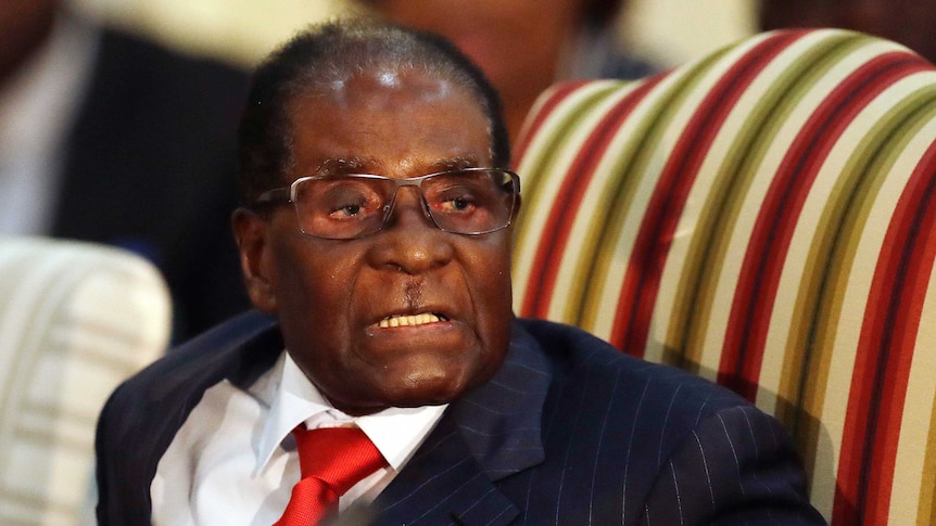 Robert Mugabe sits on a chair wearing a suit and tie.