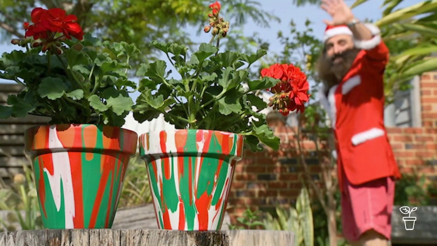 Colourful painted pots in foreground with man in santa suit in background, waving