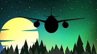 An illustration of a plane flying at night.