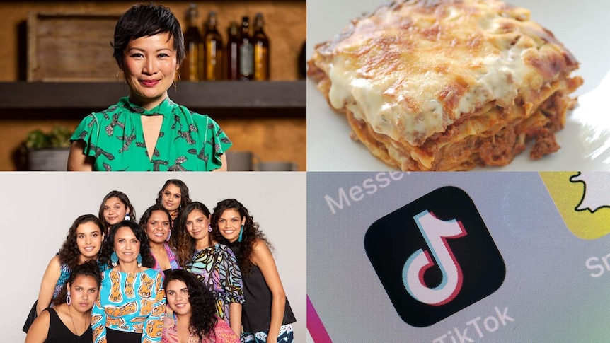A collage with images of Poh, the cast of NITV'S Family Rules, a lasagne and a app icon for TikTok
