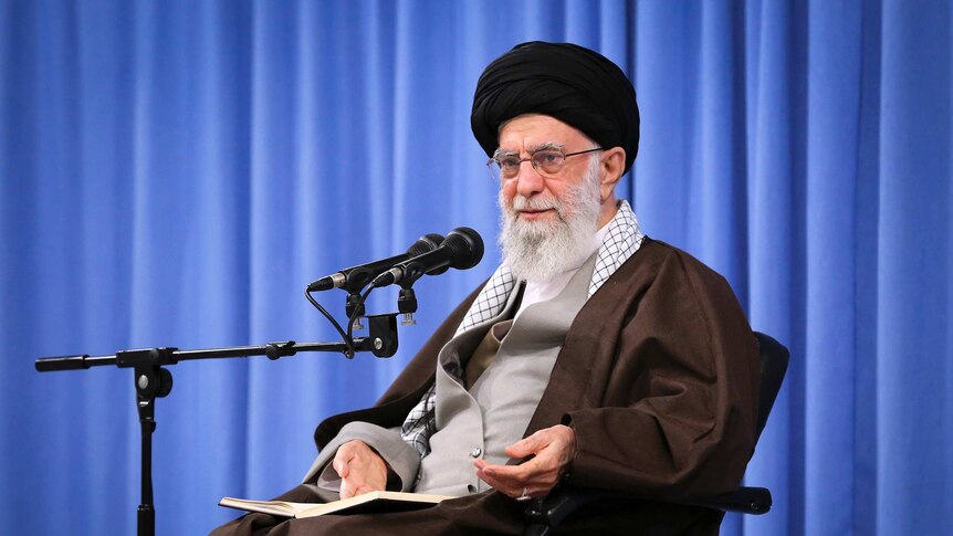 Supreme Leader Ayatollah Ali Khamenei talks to clerics in his Islamic thoughts class in Tehran.
