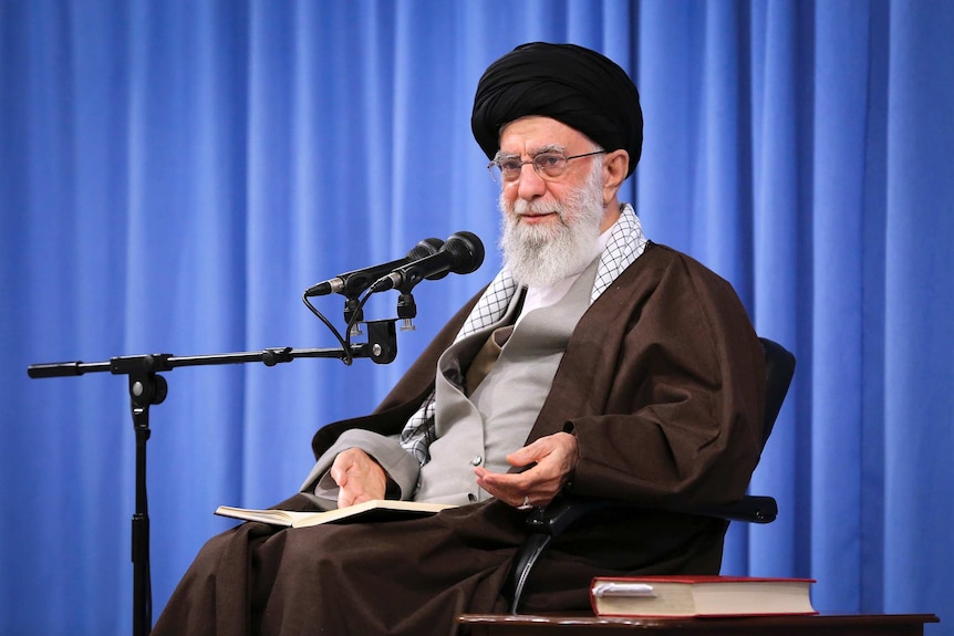 Supreme Leader Ayatollah Ali Khamenei talks to clerics in his Islamic thoughts class in Tehran.