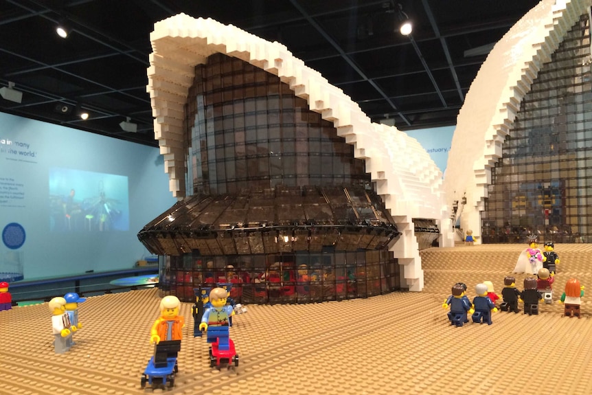 A close-up shot of the front of the Sydney Opera House, made from Lego bricks.